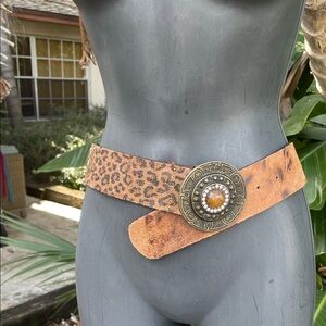 rustic leopard print statement belt with topaz buckle